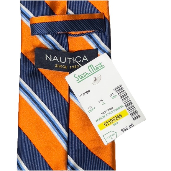 Nautica Silk Tie Orange Blue Stripe Preppy Yacht Club Coastal Americana Style - Picture 5 of 7